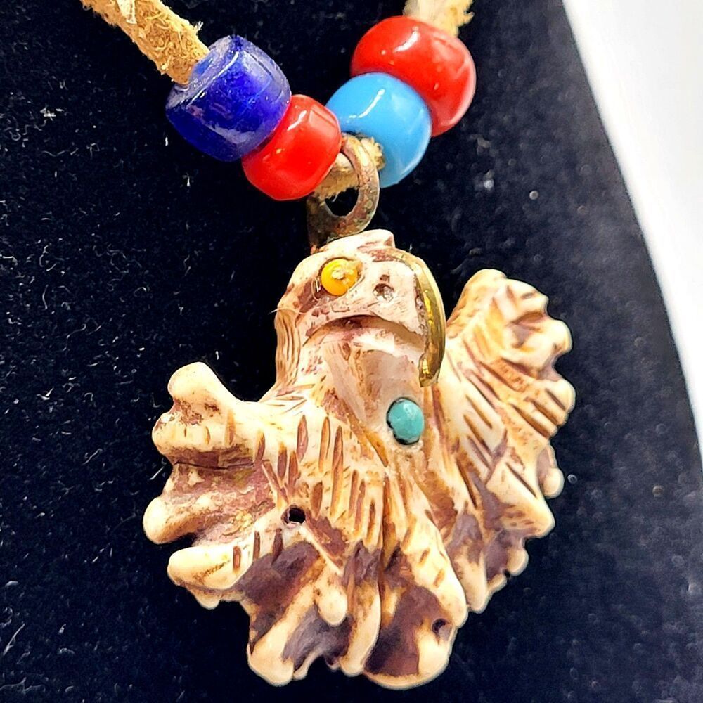 Native American Carved Eagle with Brass Beak Amulet Leather Cord Turquoise 30in